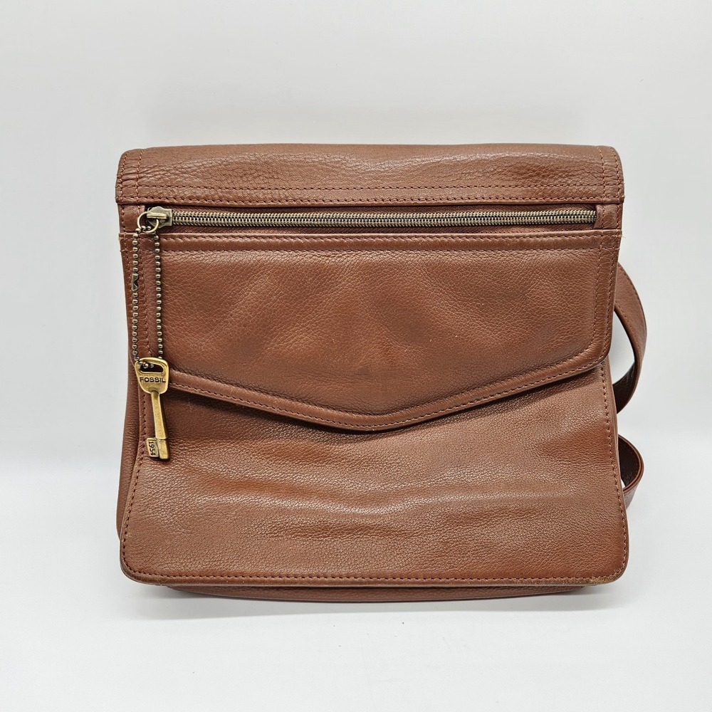 Vintage Fossil Brown Pebbled Leather Crossbody Satchel Bag Purse 75082 w Key